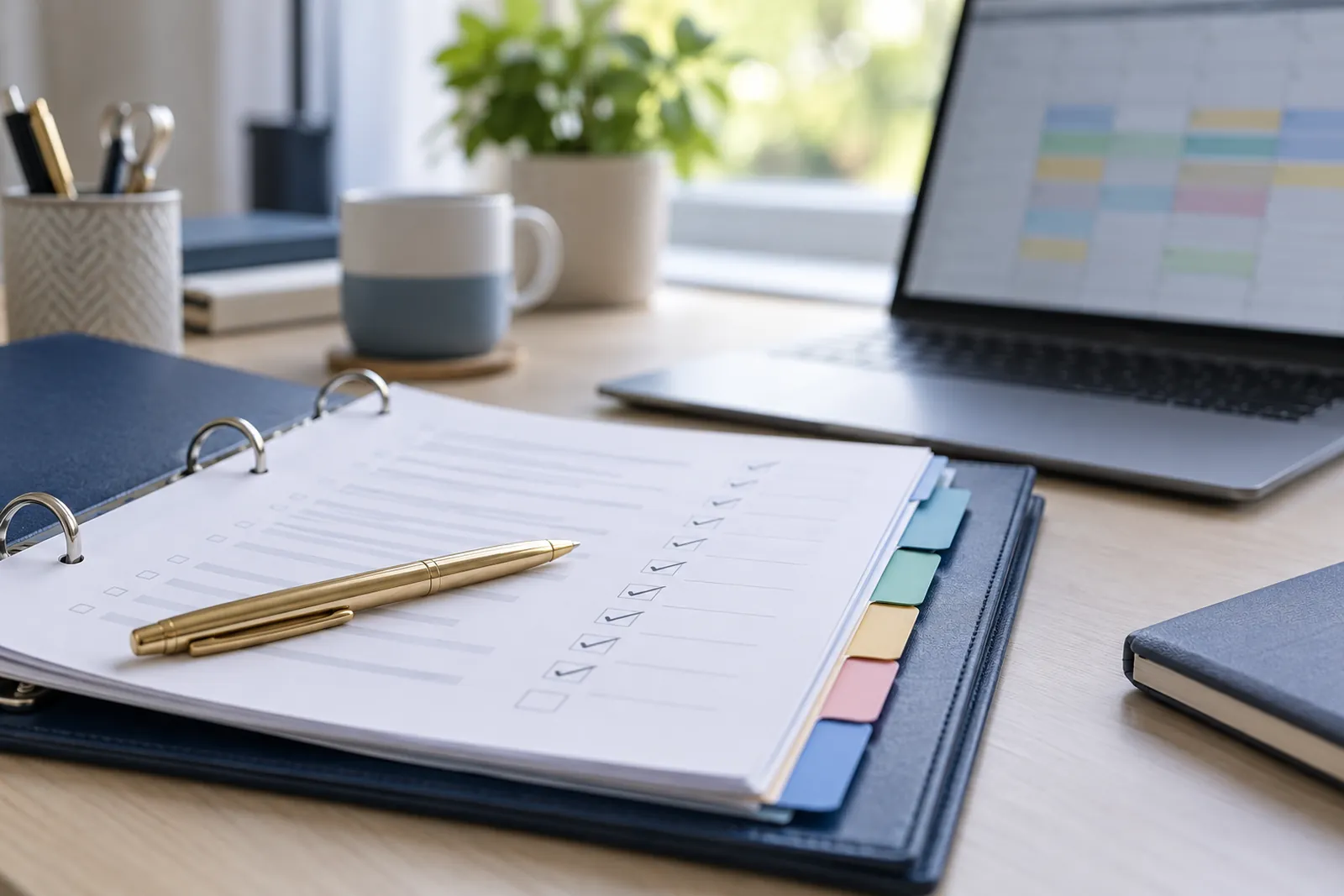 Open navy ring binder with a ticked compliance checklist, gold pen and a colour-coded tracker on a laptop