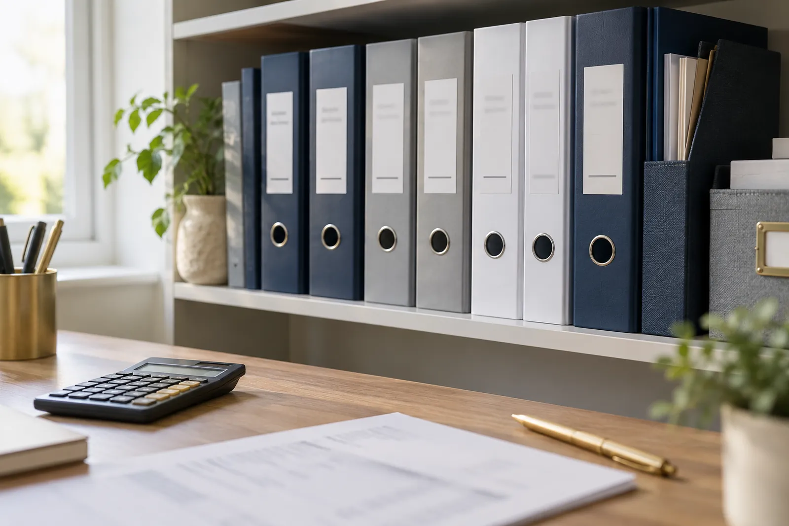 Labelled navy, grey and white files on an office shelf with a calculator and an invoice on the desk