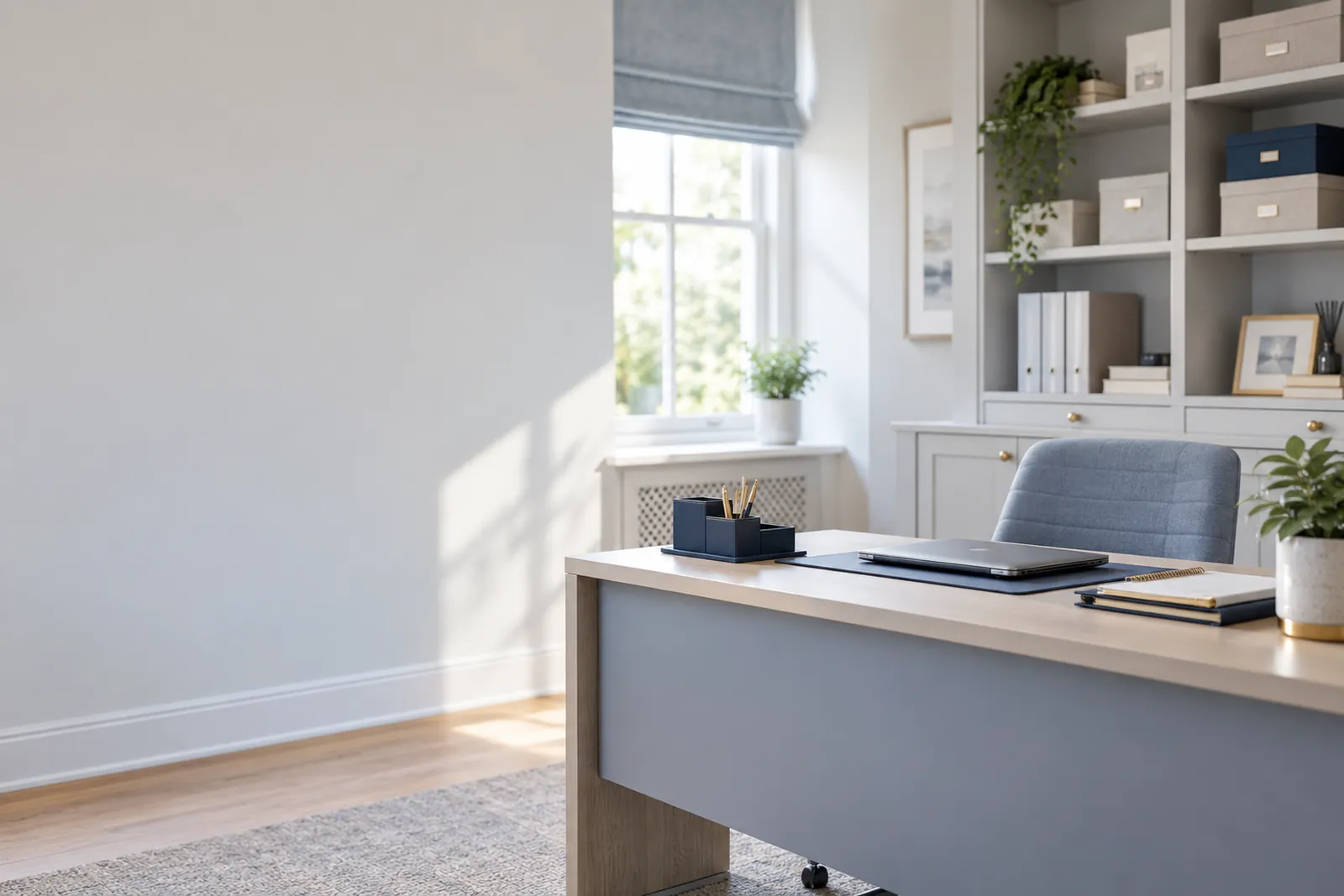 A calm, organised care home admin office with a tidy desk and labelled storage