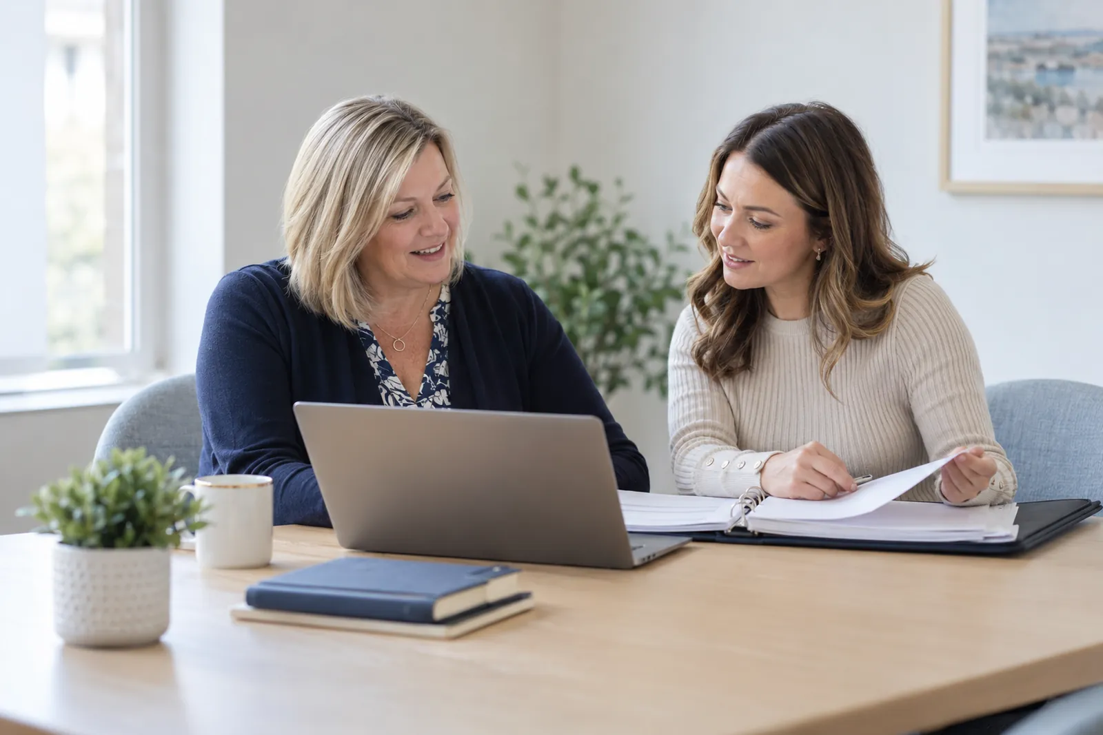 Care home manager and administrator working through paperwork together at a laptop
